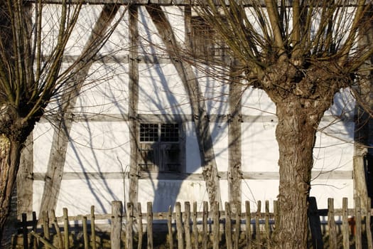 Half-timbered house with fence and willow