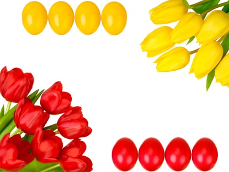 Easter frame made of red and yellow tulips and easter eggs on white background