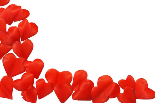 Petals in heart shape over white background - frame. Clipping path included.