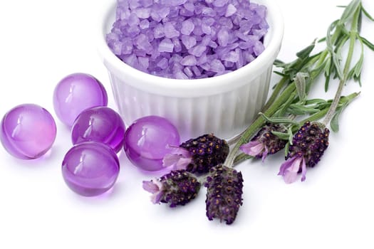 Spa essentials (bath salt, oil pearls and flowers of lavender)