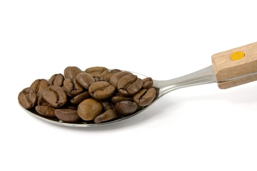 spoon with coffee beans on white background