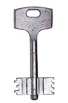 Macro view of an silver key, isolated on a white background