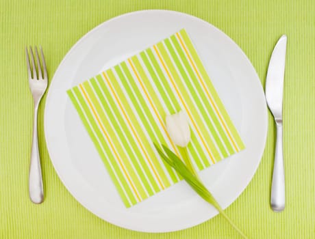 Set Table With Fork, Knife and Tulip on White Plate