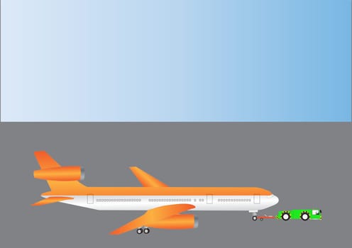 An Orange and Silver Three Engined Airliner being towed by a Pushback Tractor