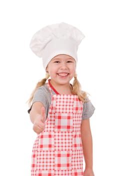 girl in chef&#039 s hat shows ok isolated on white background