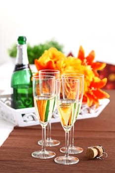 Sparkling wine with bouquet and wine bottle