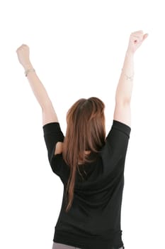 Beautiful happy young woman with her arms in the air. Isolated on white.