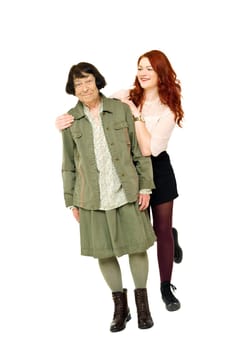 Young woman with her Grandmother isolated on white background