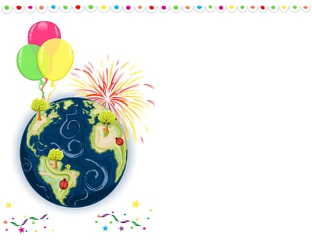 Earth Day Celebration - greeting card with balloons, fireworks and confetti.