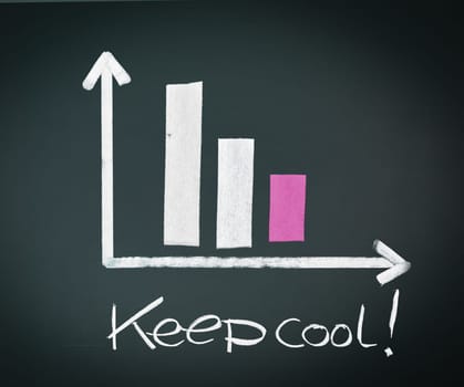 Decreasing Bar Graph with two bars decreasing in size over time, handdrawn in chalk on a chalkboard, with the words Keep cool