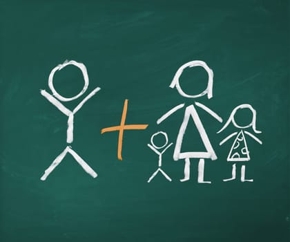 Patchwork family illustration in chalk on a chalkboard. A man, and a woman with two childs, find a new partner