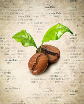Tow coffee beans with green leaves on a backround of aged paper with the word coffee repeated multiple times in different languages