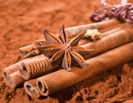 Cinnamon bundled, with anise star on a brown cocoa background