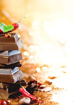 A tower of chocolate blocks covered in red hot chiliswith copyspace of bright lights for concepts related to chocolate and cacao.