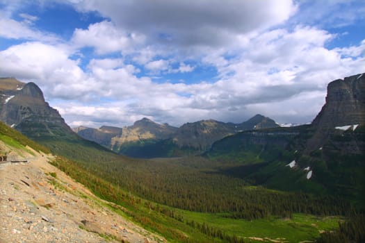 Mountain and forest scenery at Logan Pass of Glacier National Park - Montana.