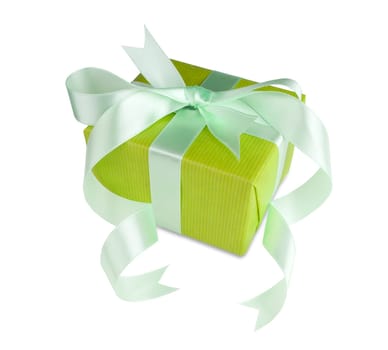 Green gift box with a  bow on white background