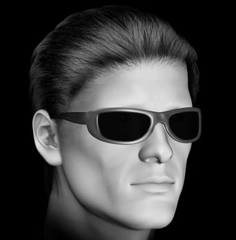 Man with dark sunglasses 3d illustration. Black and white.