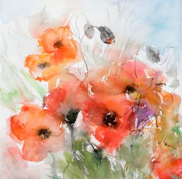 Poppies with Capsules - Watercolor