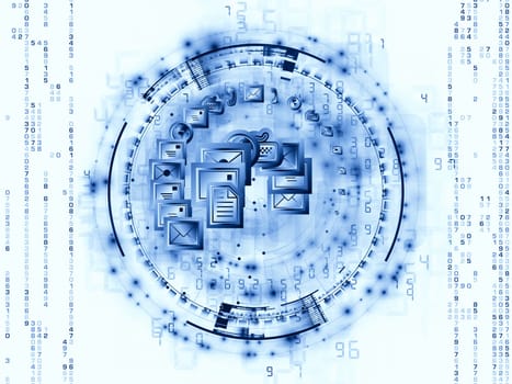 Interplay of communication symbols,  messaging icons and technological design elements on the subject of global communications, messaging, information sharing and modern technologies