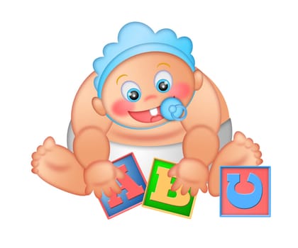 Baby Boy Playing With Alphabet Letter Blocks Isolated on White Background Illustration