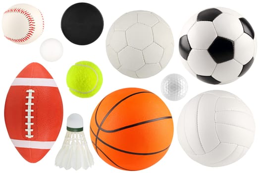 Many different balls on a white background.