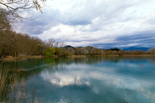 Lake Banyoles in pla de estany, Spain Barcelona, Panoramic Photography at sunset.