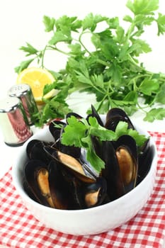 fresh cooked mussels in a white bowl