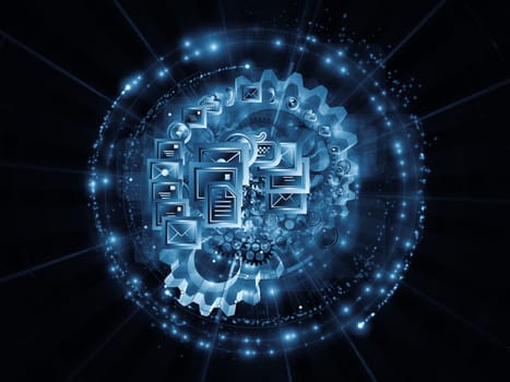 Interplay of communication and messaging symbols,  gears and technological design elements on the subject of telecommunications, messaging, information sharing and modern technologies