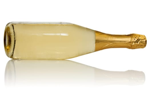 Bottle of champagne with reflection on white background.
