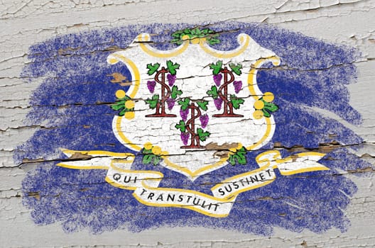 Chalky american state of connecticut flag precisely painted with color chalk on grunge wooden texture