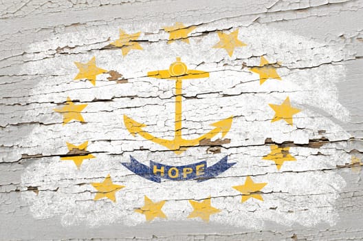 Chalky american state of rhode island flag precisely painted with color chalk on grunge wooden texture