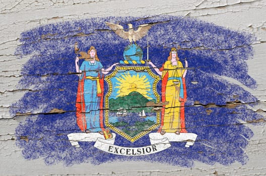 Chalky american state of new york flag precisely painted with color chalk on grunge wooden texture