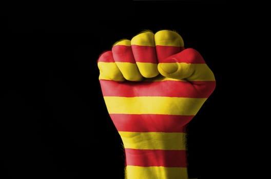 Low key picture of a fist painted in colors of catalonia flag
