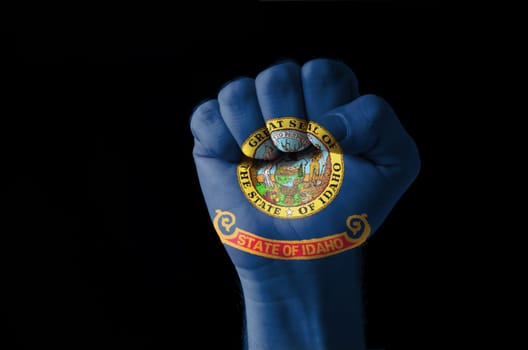 Low key picture of a fist painted in colors of american state flag of idaho