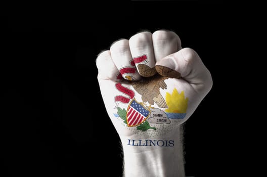 Low key picture of a fist painted in colors of american state flag of illinois