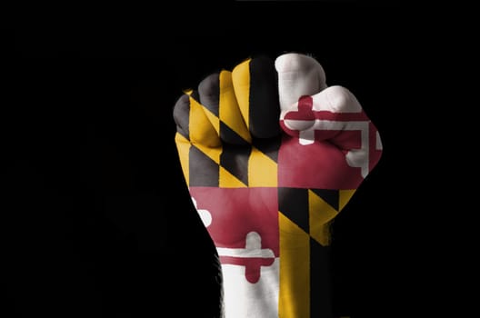 Low key picture of a fist painted in colors of american state flag of maryland