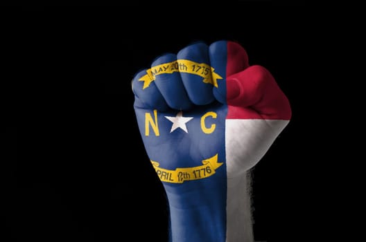 Low key picture of a fist painted in colors of american state flag of north carolina