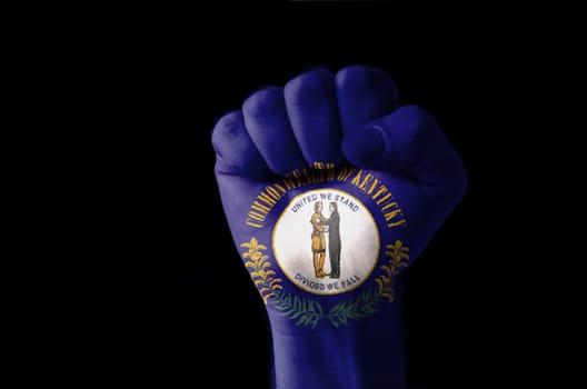 Low key picture of a fist painted in colors of american state flag of kentucky