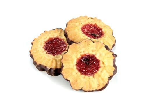 biscuit with strawberry jam and dipped in chocolate made ​​with natural ingredients on white background