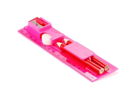 set school compound rubber pencils sharpener and ruler on a white background