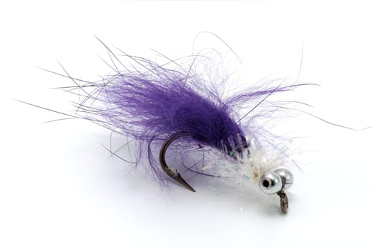 blue streamer hook to fish flat on white background