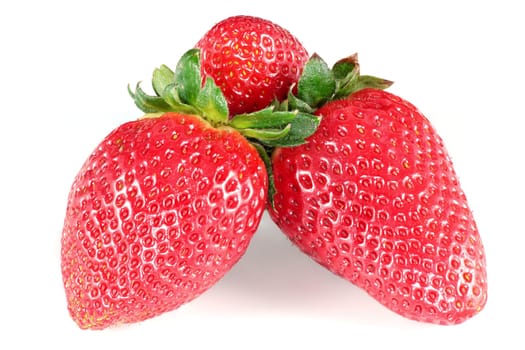 three horizontal juicy strawberries on white background
