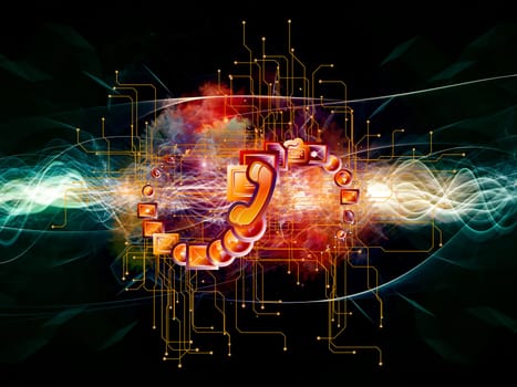 Composition of communication symbols, gears and abstract design elements on the subject of global communications, messaging, information exchange and modern technologies