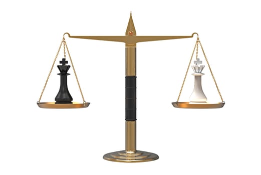Balance of power, two chess kings on the scales, balanced, 3d render