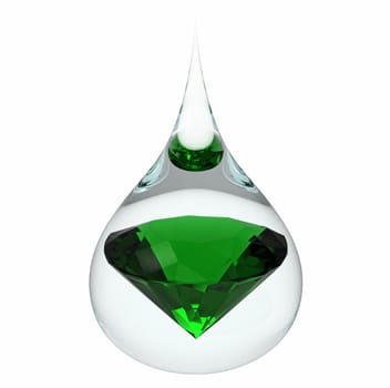 Model of a emerald jewel in a drop of water, isolated on white, 3d render