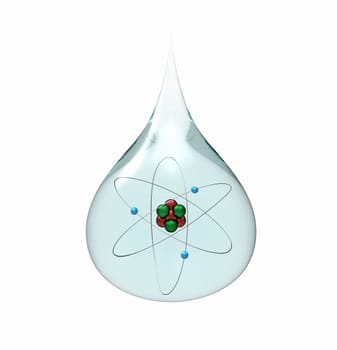 Model of a lithium atom in a drop of water, isolated on white, 3d render