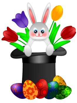 Easter Day Bunny Rabbit in Magician Hat with Painted Eggs and Colorful Tulips Illustration