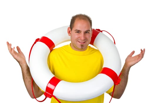 Young man with lifebuoy isolated on white background