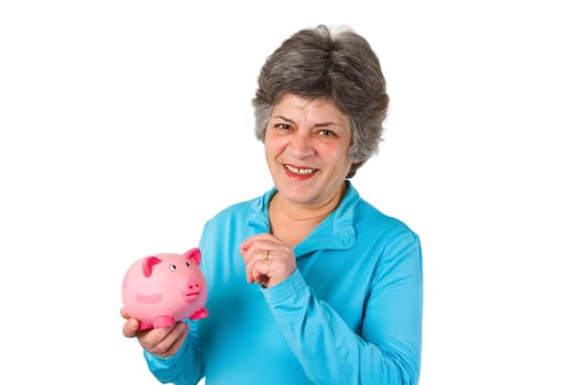 Senior woman with piggy bank - isolated on white background