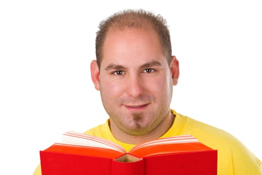 Young man with book isolated on white background